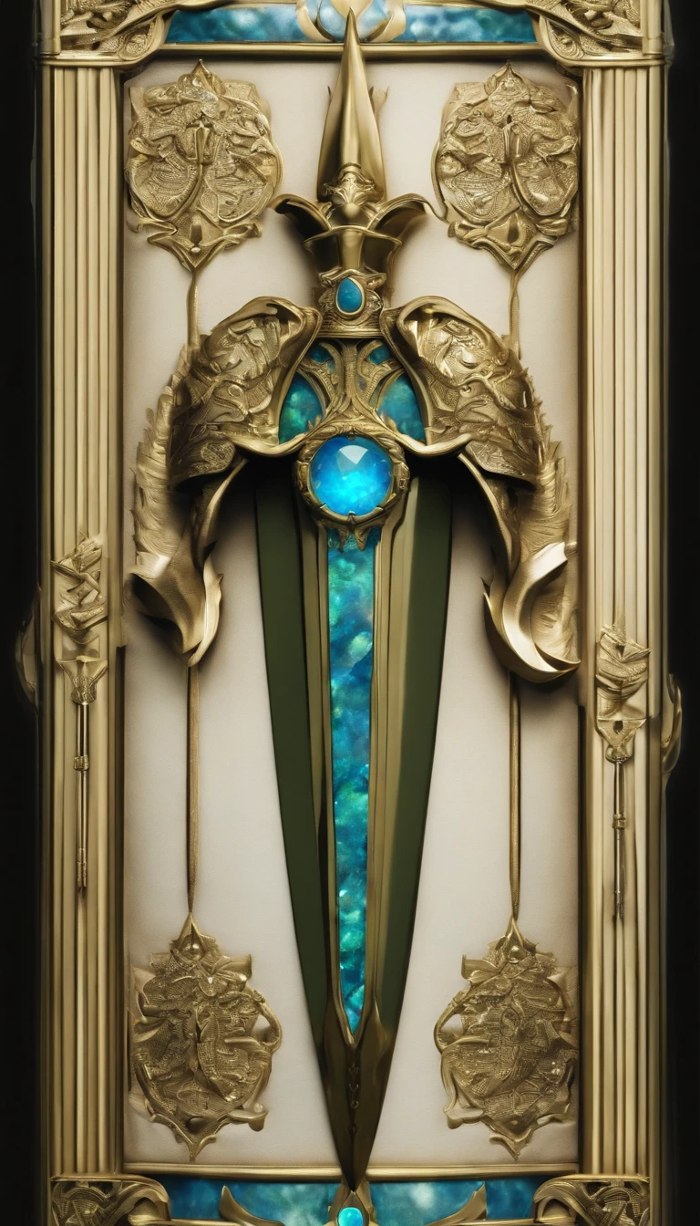 Excalibur, Delicate mango, The sword body is exquisite,well decorated,(((The sword body is designed with blue opal and light green particle effect alien pattern..:1.3))), Should, (The sword body is symmetrically decorated:1.3), (The entire Excalibur blade is centered:1.3), Close-up at medium range,(General silhouette:1.3),(Fantastic landscape painting:1.2), Ultra Realistic Photo, super-fine, 8K, Premium wallpapers, the highest picture quality, ..。.3D,C4D, tmasterpiece, rendering by octane