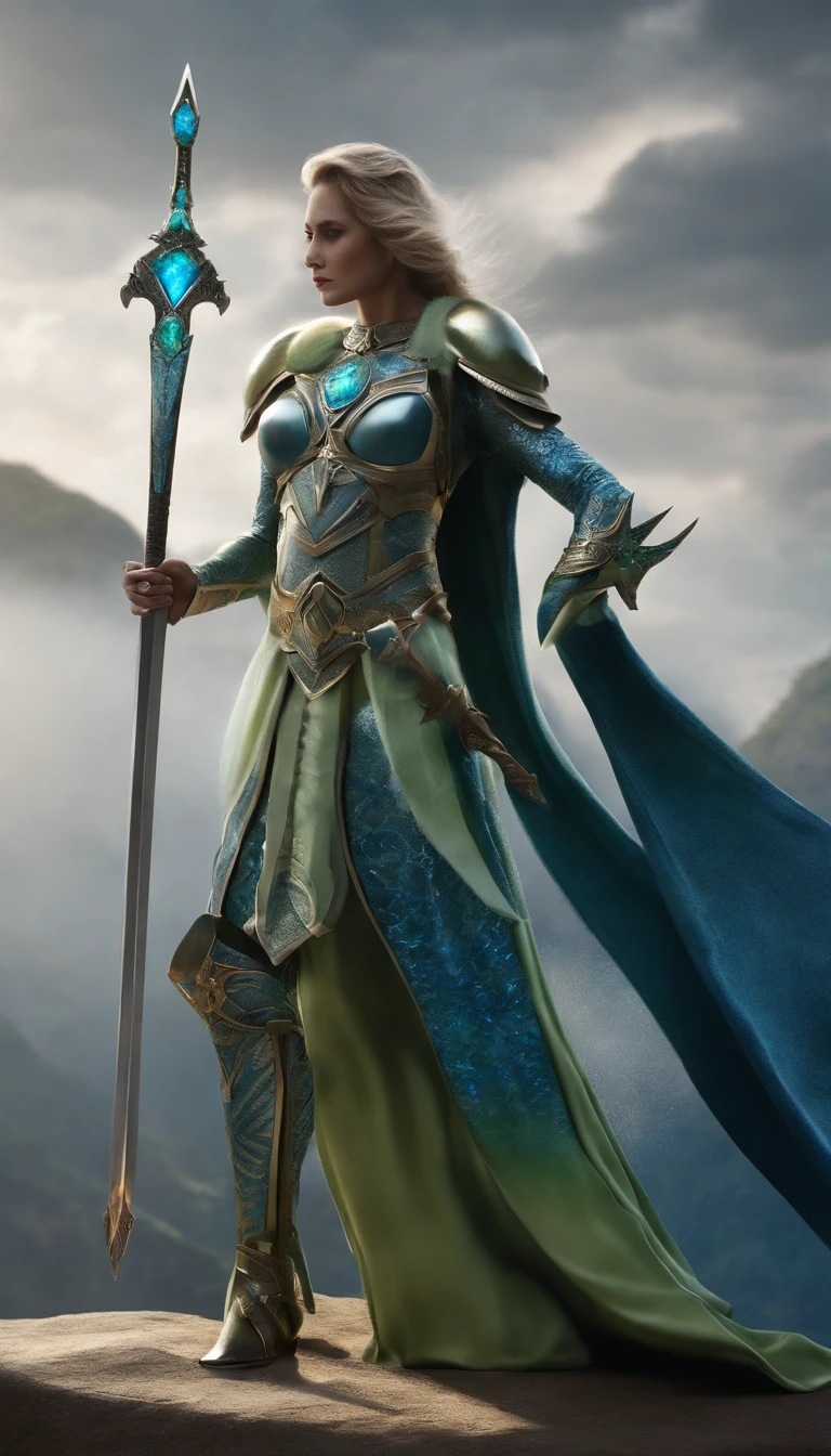 Excalibur, Delicate mango, The sword body is exquisite,well decorated,(((The sword body is designed with blue opal and light green particle effect alien pattern..:1.3))), Should, (The sword body is symmetrically decorated:1.3), (The entire Excalibur blade is centered:1.3), Close-up at medium range,(General silhouette:1.3),(Fantastic landscape painting:1.2), Ultra Realistic Photo, super-fine, 8K, Premium wallpapers, the highest picture quality, ..。.3D,C4D, tmasterpiece, rendering by octane