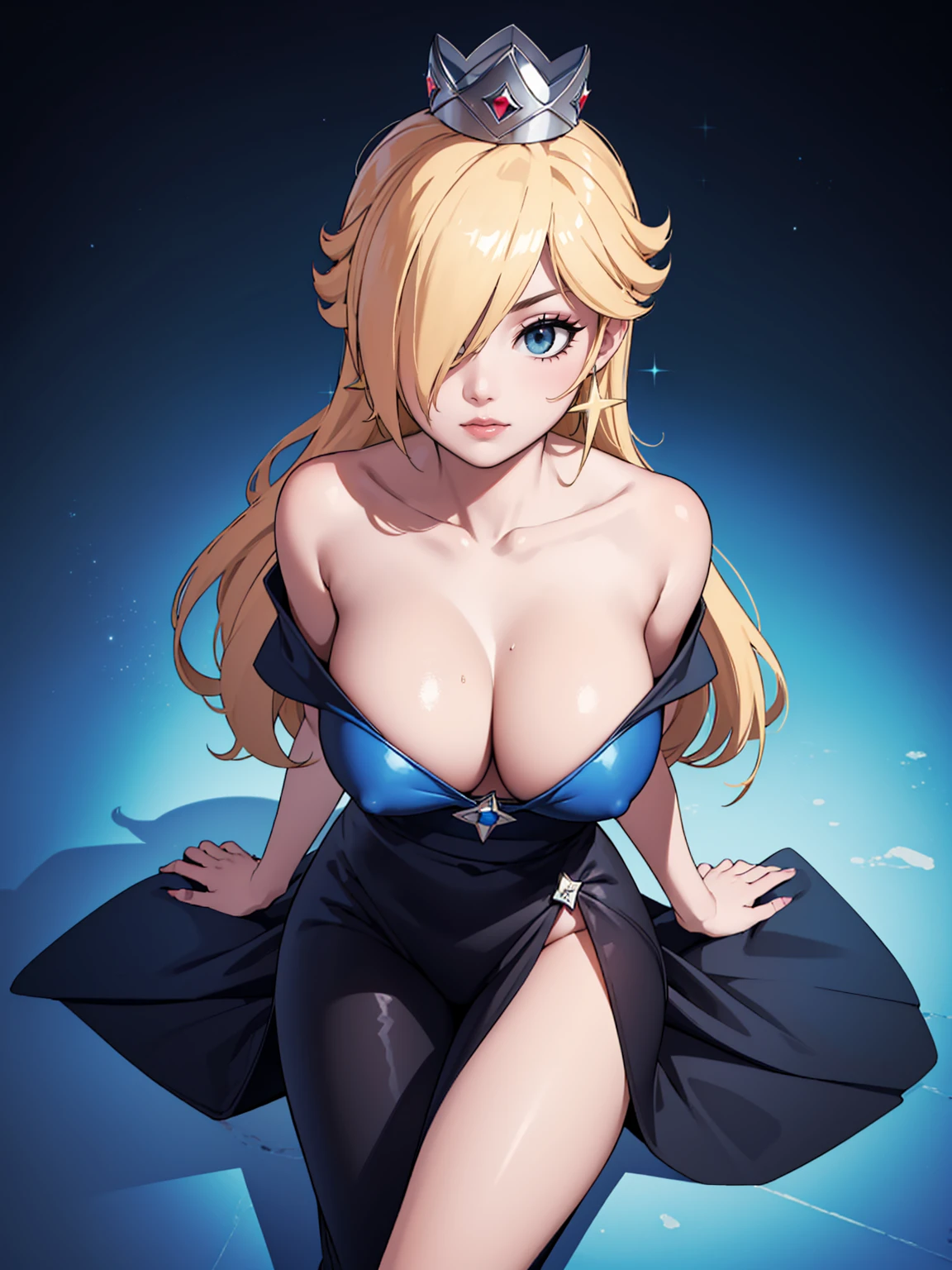 ((high detailed, best quality, 4k, masterpiece, hd:1.3)), Rosalina, blue eyes, BREAK blue eyes, seductive, attractive, sexy smile, smiling, smooth anime cg art, 36C breasts, long legs, vivid colors, detailed digital art, slim body, perfect skin, blonde hair, hair over one eye, long hair, BREAK crown, cleavage, 36C cleavage, looking at viewer, BREAK looking at viewer, extremely detailed face, blue dress, blue dress, dark blue dress, sexy dress, earrings, star earrings, jewelry, gem, dark black makeup lips, dark gothic eyeshadows, dark eyeshadows, black eyeshadows, black sexy lips, black lips, (dark:1.2), dark lips, very dark lips, (perfect hands, perfect anatomy), black makeup, black medium lips, black thick lips, detailed fingers, five fingers per hand, 5 fingers, (1 girl), detailed lips, detailed black lips, black painted lips, gothic painted lips, BREAK night, night sky, sky, star \(sky\), star \(symbol\), space, sun, (breast focus), (arms behind back:1.2), (from above:1.1), (breasts out:1.3), (off shoulder:1.1), (sit upright), (accidentally showing pants), (accidentally showing blue thong)