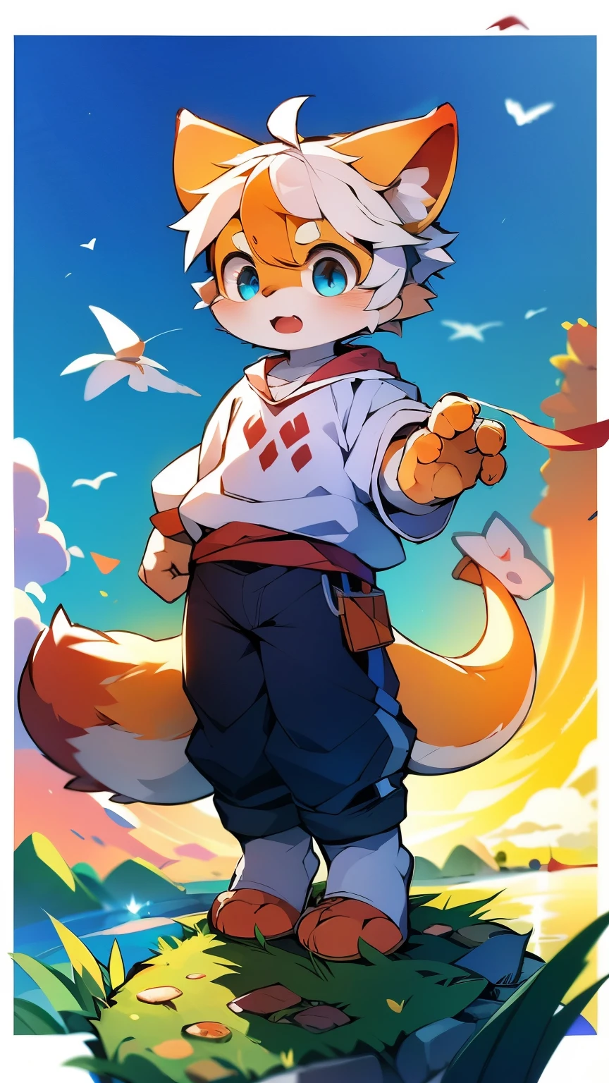 Light orange fur,white hair,Orange dragon tail,There is white fluff at the end of the tail,white sweatshirt,hairy,God of Art Super Top Quality, super detailed, High resolution, Anime cute art style, The best anime, 8K, Kona sauce wallpaper, Pixiv Contest Winners, perfect anatomy,blush , (Energetic teenager, :1.3), High resolution详细的头发,white wide-leg pants,on the street,blue sky,Sunset,The iris and pupil are well proportioned,blue pupils,red ears,single,alone