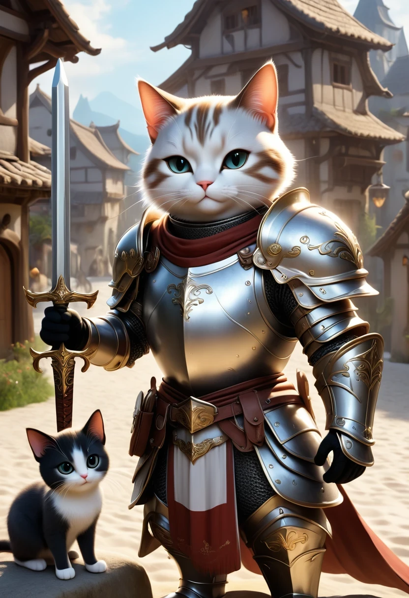 A fantasy of a Kavachi-style seaside village, Rendering in cinema4d, (Anthropomorphic Cat:1.5),A cat knight in armor,Holding the holy sword,wearing a helmet,slim,holy sword,middle Ages,Creative character design, Whimsical cartoon style, 32k Ultra HD
