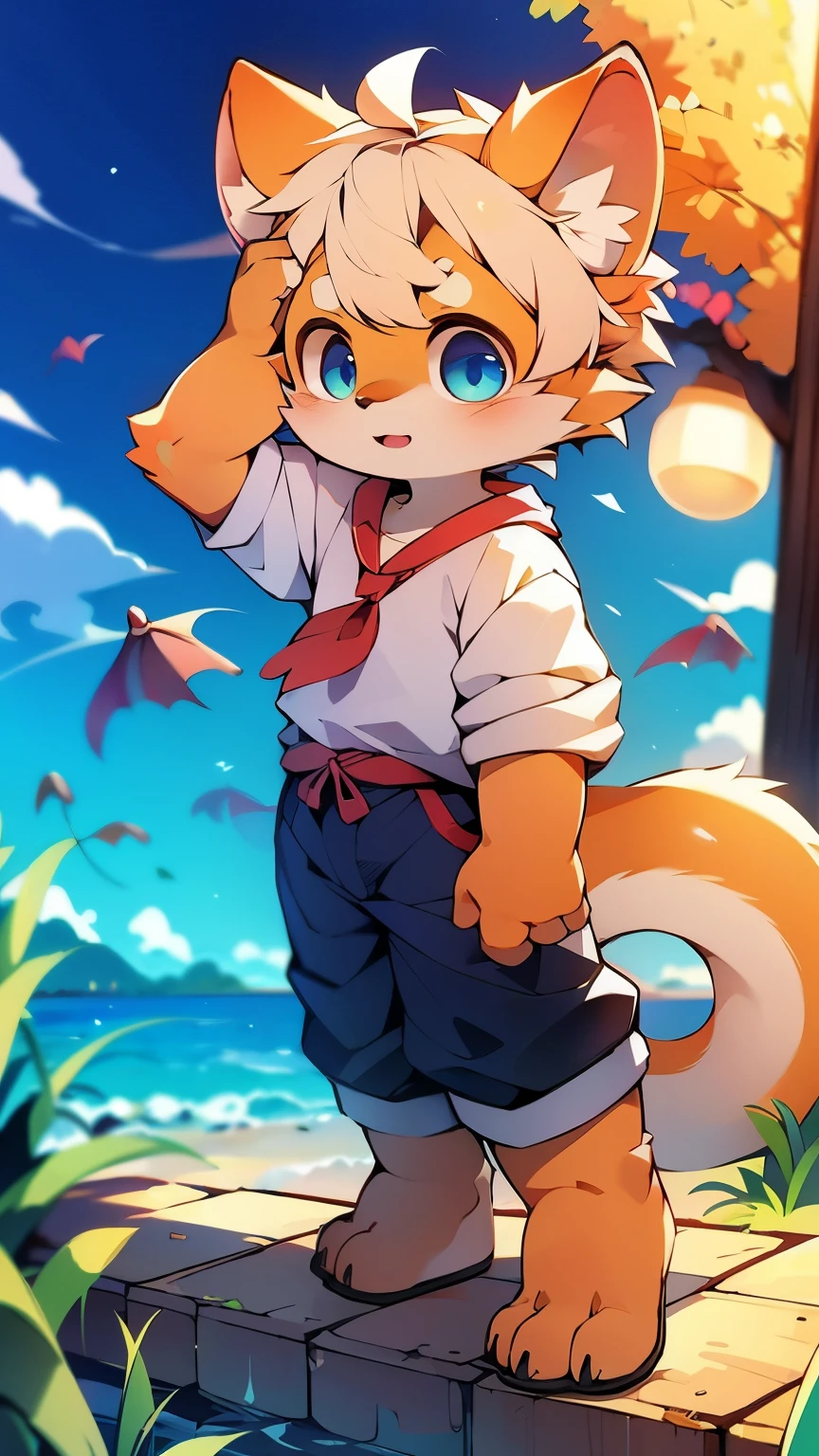 Light orange fur,white hair,Orange dragon tail,There is white fluff at the end of the tail,white sweatshirt,hairy,God of Art Super Top Quality, super detailed, High resolution, Anime cute art style, The best anime, 8K, Kona sauce wallpaper, Pixiv Contest Winners, perfect anatomy,blush , (Energetic teenager, :1.3), High resolution详细的头发,white wide-leg pants,on the street,blue sky,Sunset,The iris and pupil are well proportioned,blue pupils,red ears,single,alone