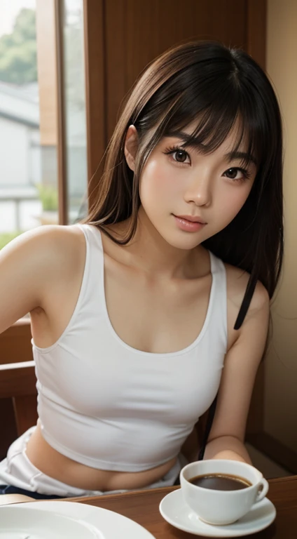 Close-up of a woman sitting at a table drinking coffee, gorgeous young japanese woman, beautiful south japanese woman, gorgeous chinese model, japanese girl, beautiful young japanese woman, beautiful asian girl, she is wearing a black tank top, young and cute girl, wearing a low-cut tank top, japanese woman, sexy looking at camera