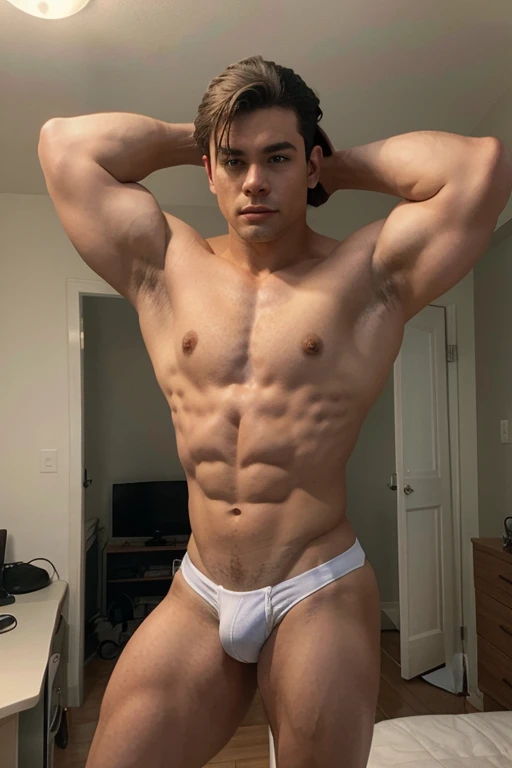 20 year old male bodybuilder anime character wearing bodybuilder thong with a mullet hairstyle flexing his muscles in a mirror in his room
