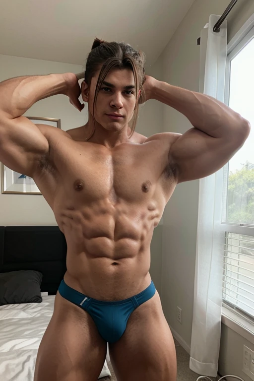 20 year old male bodybuilder anime character wearing bodybuilder thong with a mullet hairstyle flexing his muscles in a mirror in his room
