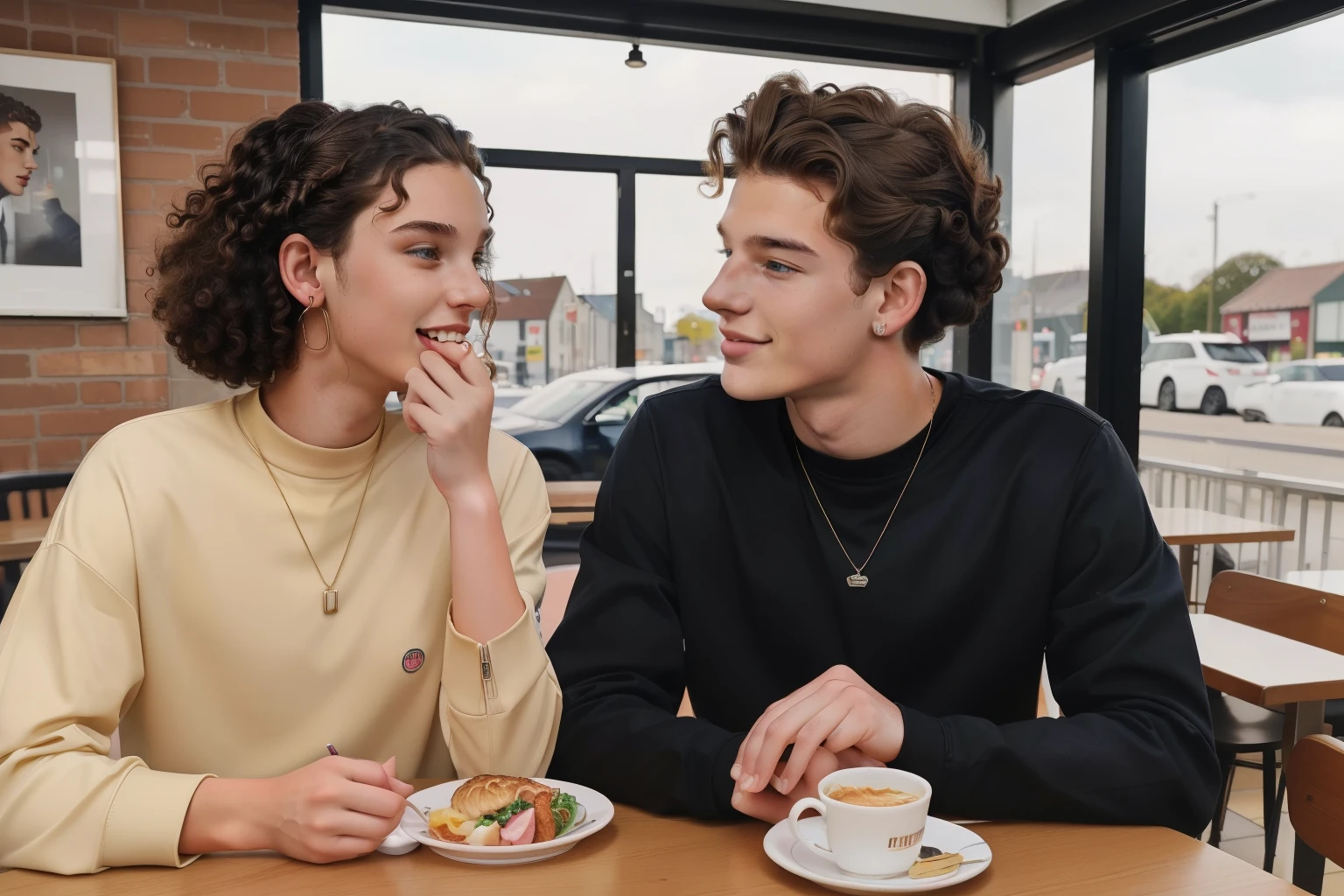 Milnrow, 2023. A young ((((19-year-old)) Liam Harper)), tall, handsome, sharp features, piercing eyes, influencer, eating in a road cafe, with his girlfriend, ((amused expression)), ((((clothings from the 2020s)))), ((curly hairstyle of the 2020s))