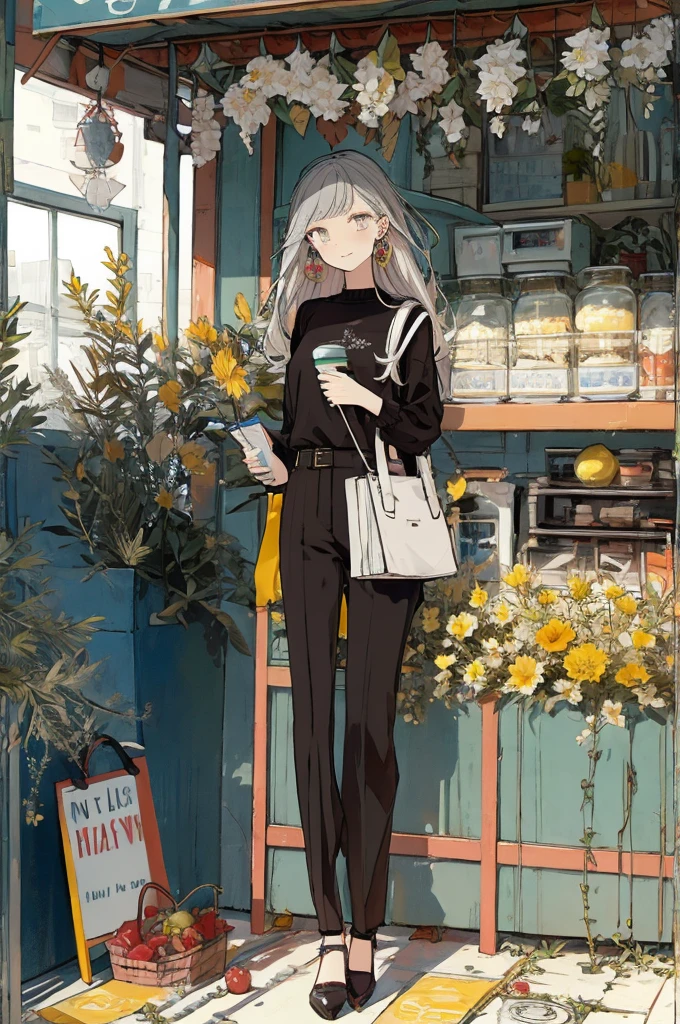 (masterpiece:1.2), highest quality,pixiv,sweet girl , 1 girl, flower, cup, have, bob hair, gray hair, bag, high heels, food, jewelry, earrings, looking at the viewer, smile, holding, long hair, inner color、alone, fruits, pants style， flower柄のshirt、handbag, gray eyes, Colorful shoes, bird, yellow flower, envelope, english text, full body, white flower, shirt,Are standing, indoor、colorful background、