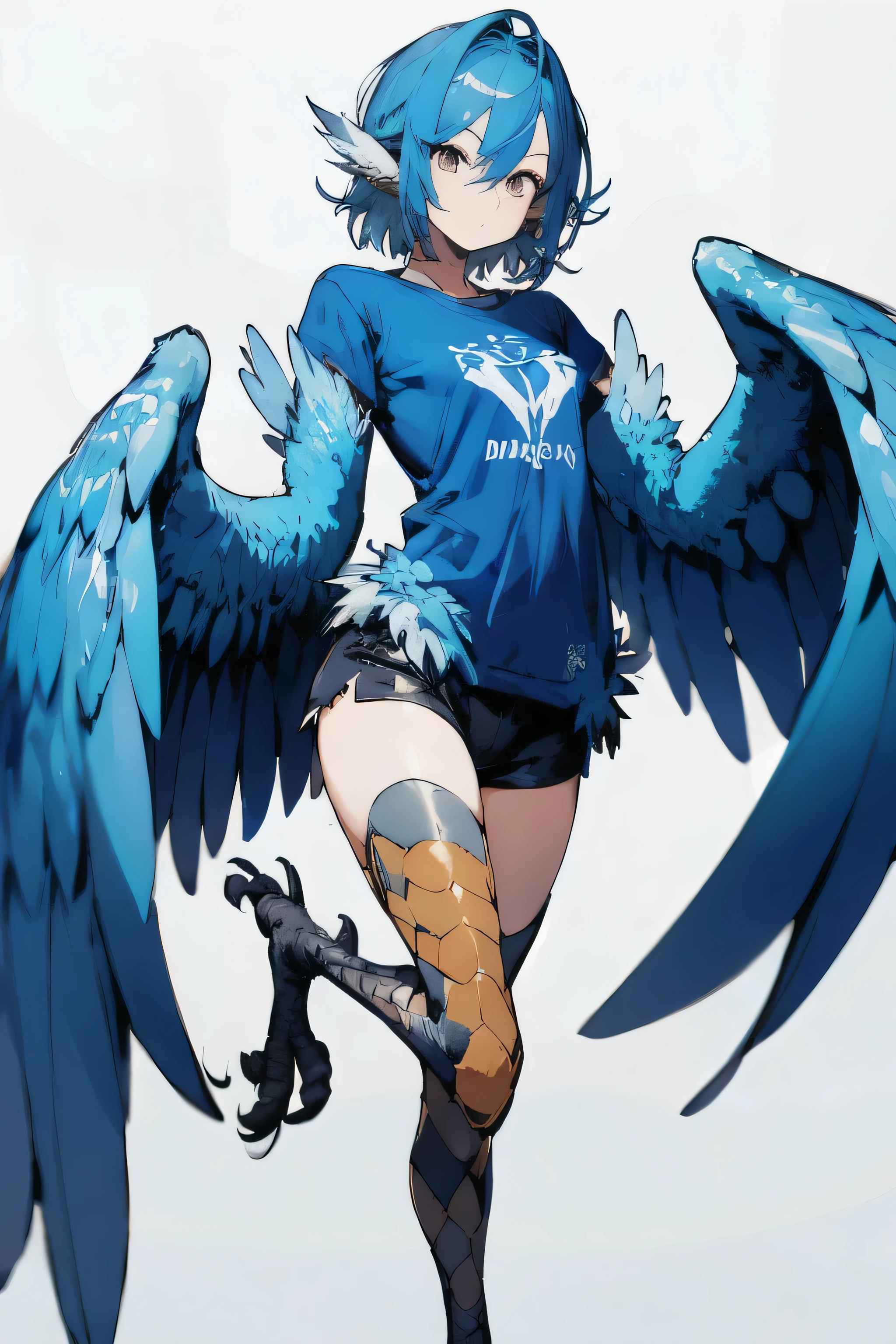 absurdres , highres, ultra detailed, (harpy 1girl:1.3), BREAK,, blue winged arms, bird legs, gradient wings, short blue hair, BREAK, blue tshirt BREAK, , , short,