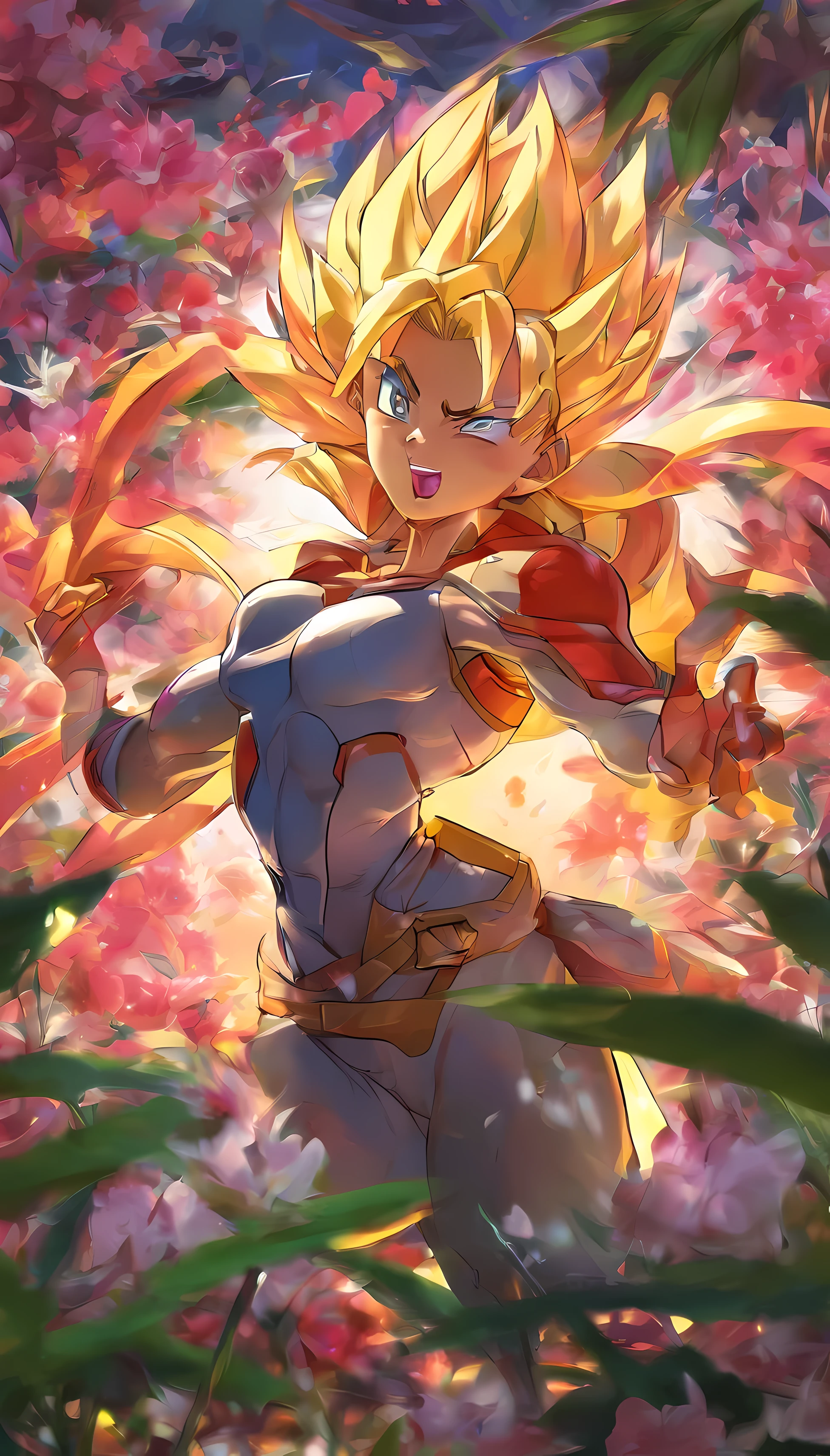A super saiyans girl materpace Pan in a garden,illustration,beautiful detailed eyes,beautiful detailed lips,extremely detailed eyes and face,long eyelashes,nullifying attack,defends itself,force field,energy mural,(best quality,4k,8k,highres,masterpiece:1.2),ultra-detailed,(realistic,photorealistic,photo-realistic:1.37),portraits,vivid colors,warm tones,soft lighting.