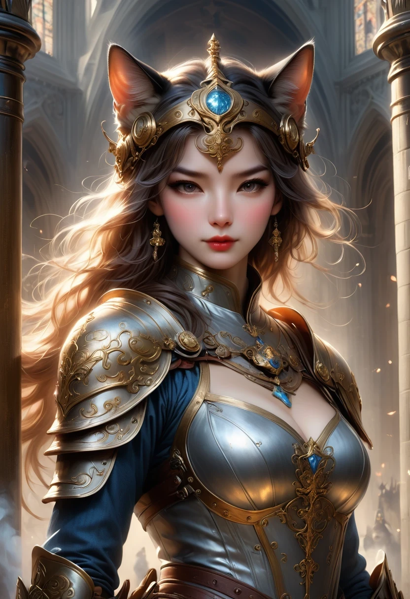 (Extremely detailed and realistic CG, masterpiece, best quality, Super detailed),(Anthropomorphic Cat:1.5),A cat knight in armor,Holding the holy sword,wearing a helmet,slim,holy sword,middle Ages,Creative character design, Whimsical cartoon style, 32k Ultra HD,steampunk, St. Paul's Metropolitan Cathedral, (best lighting, best shadow, extremely delicate and beautiful), Dynamic angle, movie atmosphere, Gorgeous metal holy sword,smokes, steam, period clothing, bright colors.