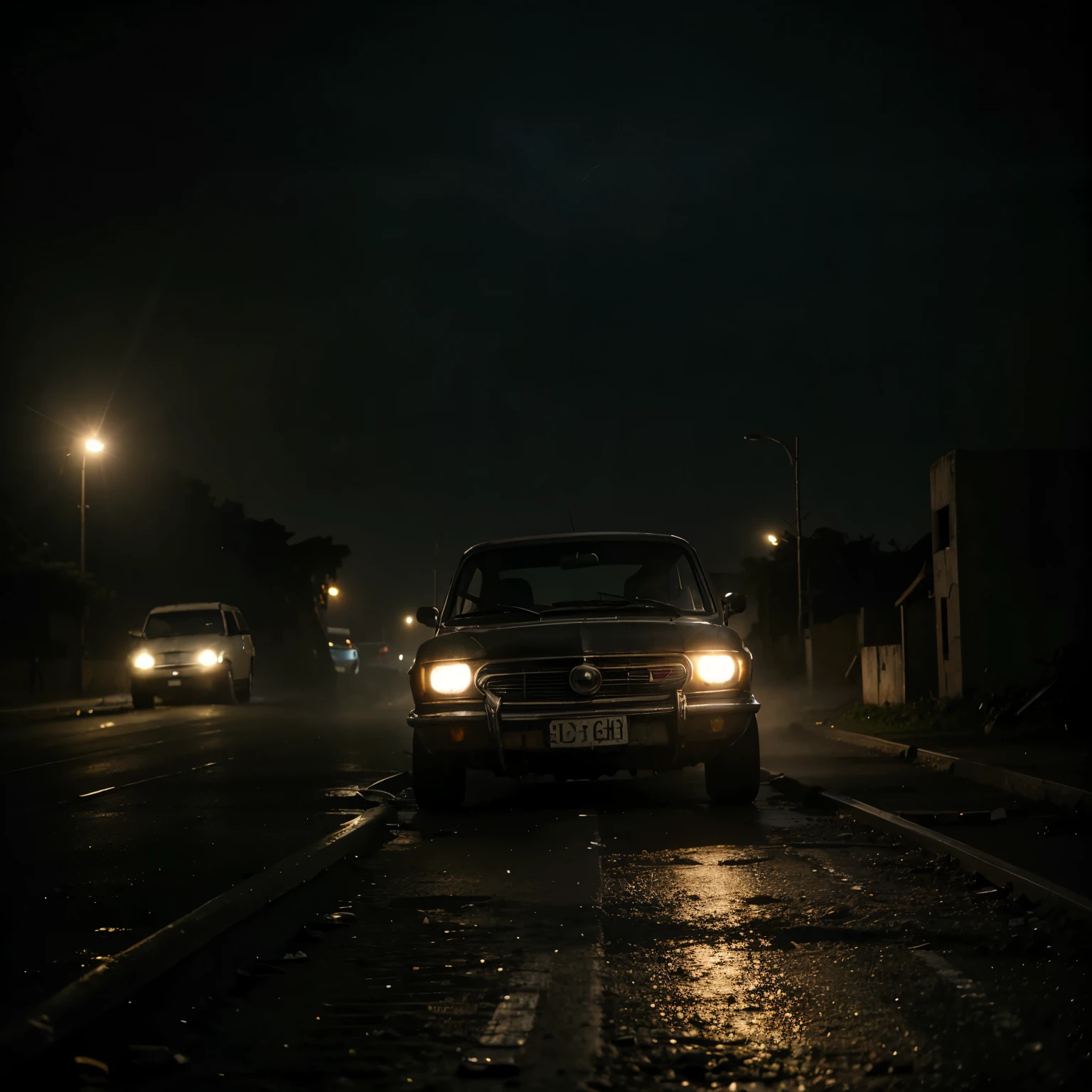 analog gloomy photo of an (carro opala rabo de peixe preto), ((speeding in an abandoned city at meia-noite)), (Monoblocos de cidades decadentes e dilapidadas em segundo plano), (levando um tiro), (tiros), ((nevando)), (filme de terror), ((night time)), (meia-noite), ruins, dilapidated buildings, Alto detalhe, sharp focus, (fotorrealismo), realista, Melhor qualidade, 8k, premiado, dramatic lighting, epic, cinematic, obra de arte, retroiluminado, luz de fundo, luz de aro, ambient fog:1.4, dutch angle, profundidade de campo, desfoque de movimento, Volumetric lights,