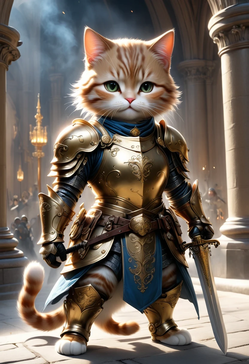 (Extremely detailed and realistic CG, masterpiece, best quality, Super detailed),(Anthropomorphic Cat:1.5)，A cat knight in armor，Holding the holy sword，wearing a helmet，slim，holy sword，middle Ages，Creative character design, Whimsical cartoon style, 32k Ultra HD，steampunk, St. Paul's Metropolitan Cathedral, (best lighting, best shadow, extremely delicate and beautiful), Dynamic angle, movie atmosphere, Gorgeous metal holy sword,smokes, steam, period clothing, bright colors.