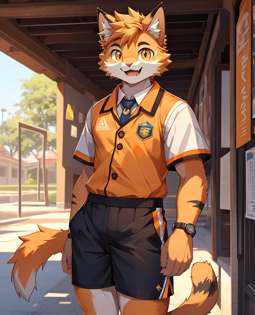 (masterpiece)，(Very detailed)，(best quality)，hairy，Cat，orange fur，Vivid eyes，golden pupils，cute style，Sunny and cheerful，(Short-sleeved shorts casual suit)，((funny expression))，8K，(high quality)，(ultra high definition)，(super detailed)(university student)