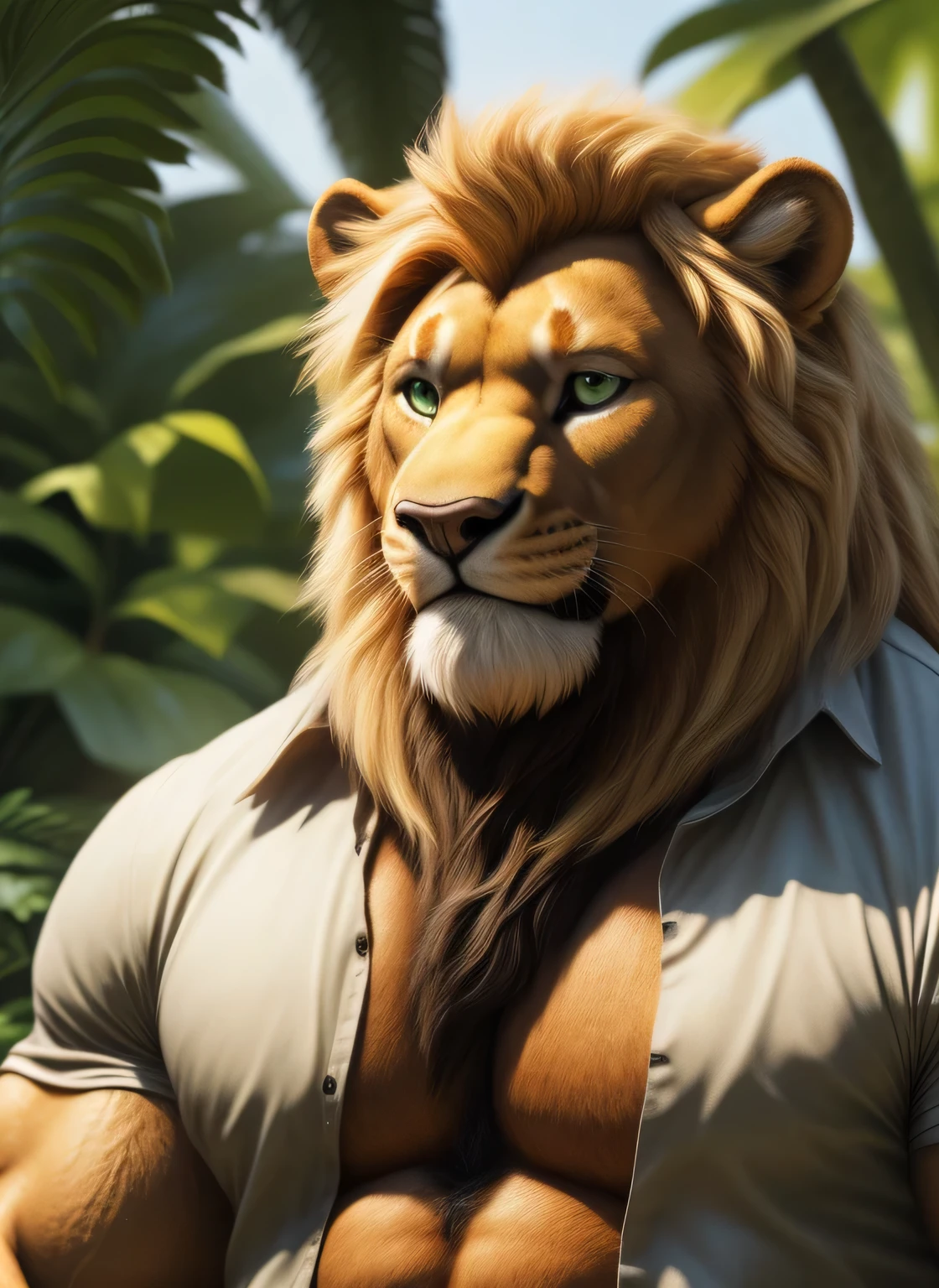 Lion, male, adult, long blond mane, big brown beard all over the jaw, very muscular body, large pectorals, big biceps, beautiful green eyes, detailed eyes, detailed face, archaeologist adventurer, tight-fitting archaeologist adventurer clothes , open shirt, visible pecs, smiling face, jungle background (intricate, high detail, film photography, soft focus, RAW candid cinema, photorealism, realistic, photorealistic, analog style, subsurface scattering, masterpiece, best quality, ultra realistic, 8k)