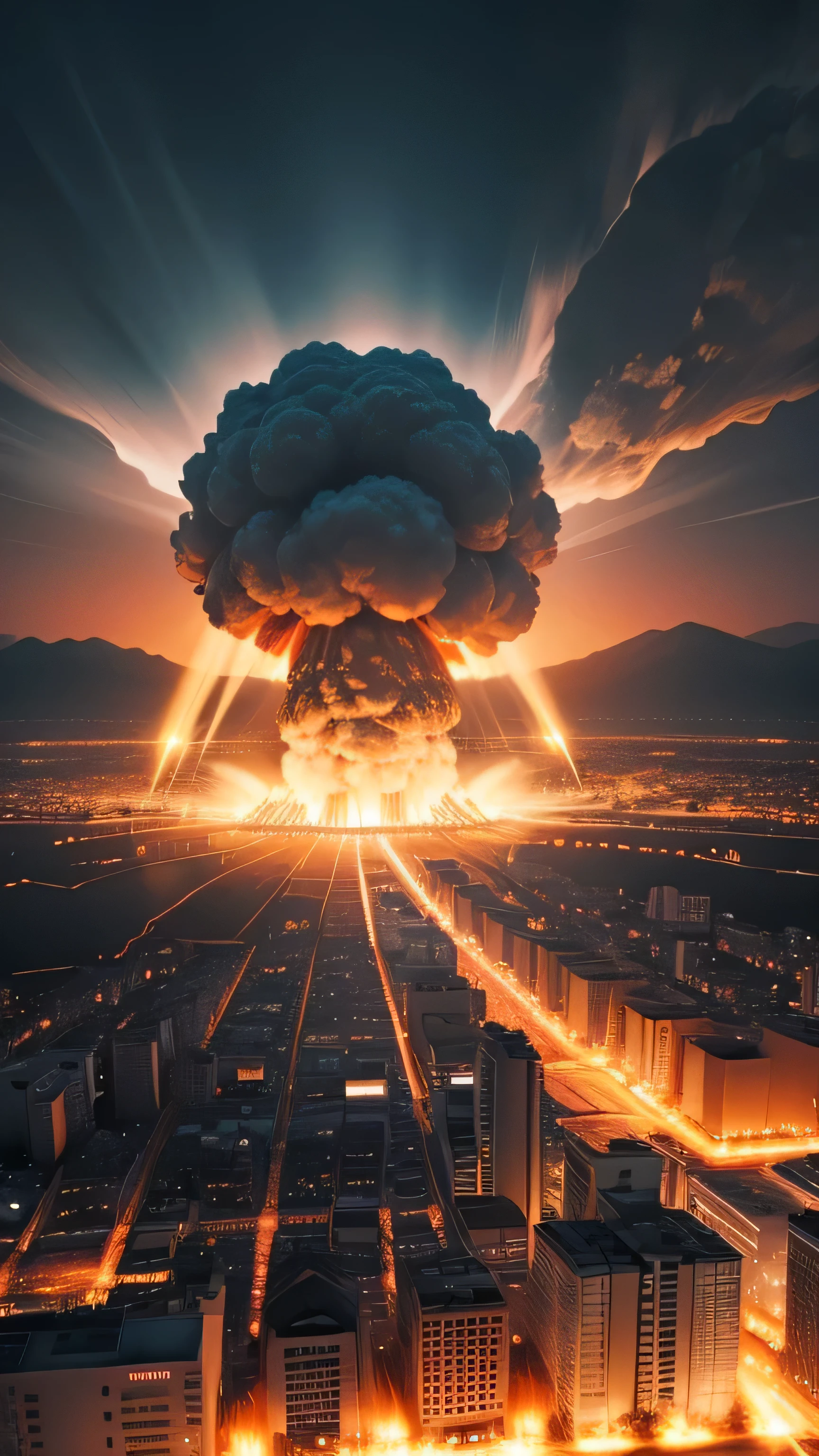 Hiroshima and Nagasaki atomic bombs, explosion, night, 8k
