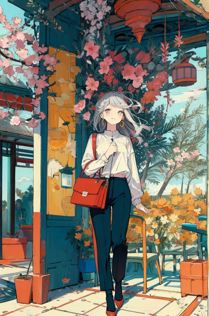 (masterpiece:1.2), highest quality,pixiv,sweet girl , 1 girl, flower, cup, have, bob hair, gray hair, bag, high heels, food, jewelry, earrings, looking at the viewer, smile, holding, long hair, inner color、alone, fruits, pants style， flower柄のshirt、handbag, gray eyes, Colorful shoes, bird, yellow flower, envelope, english text, full body, white flower, shirt,Are standing, cherry blossoms、colorful background、