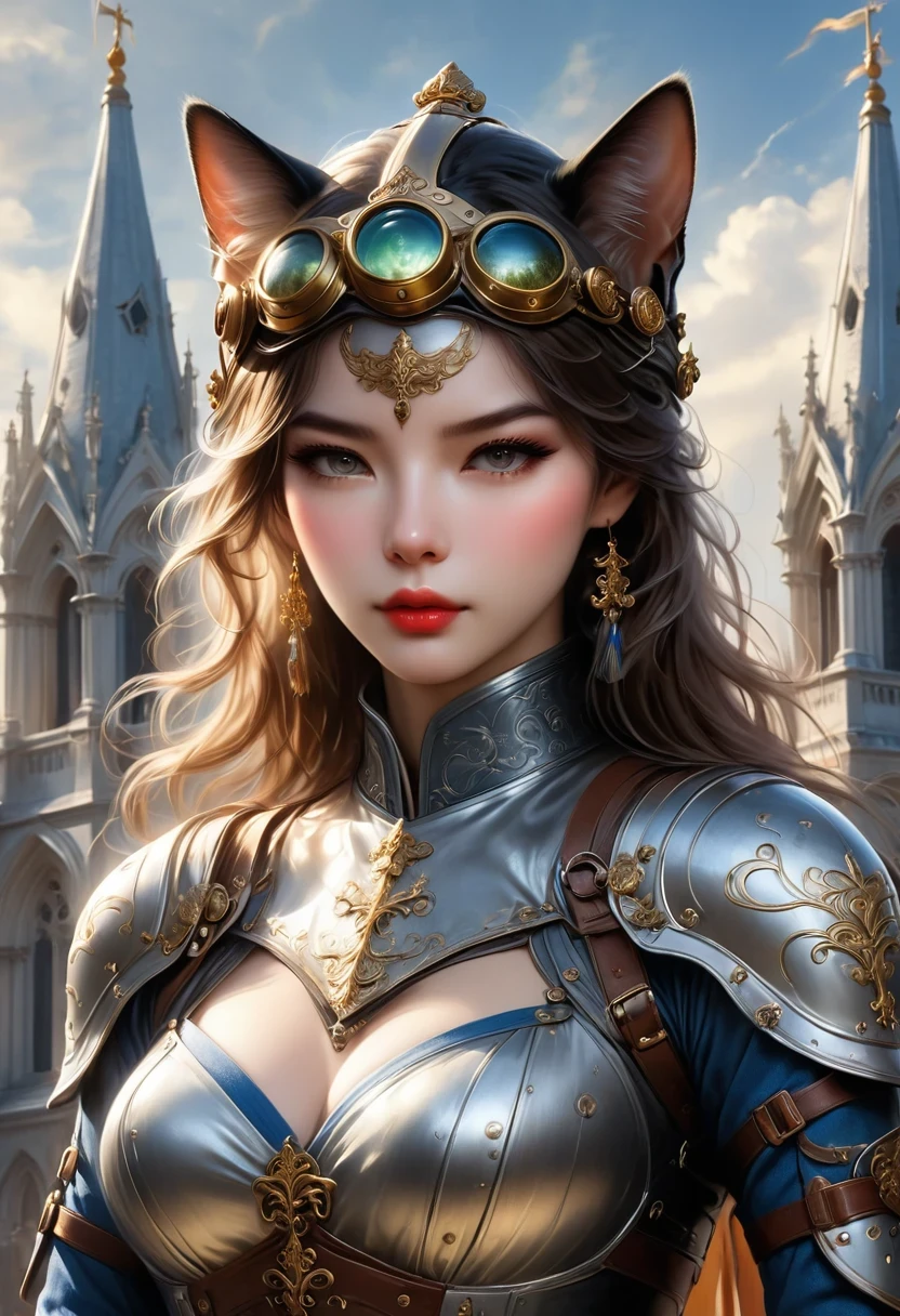 (Extremely detailed and realistic CG, masterpiece, best quality, Super detailed),(Anthropomorphic Cat:1.5)，A cat knight in armor，Holding the holy sword，wearing a helmet，slim，holy sword，middle Ages，Creative character design, Whimsical cartoon style, 32k Ultra HD，steampunk, St. Paul's Metropolitan Cathedral, (best lighting, best shadow, extremely delicate and beautiful), Dynamic angle, movie atmosphere, Gorgeous metal holy sword,smokes, steam, period clothing, bright colors.