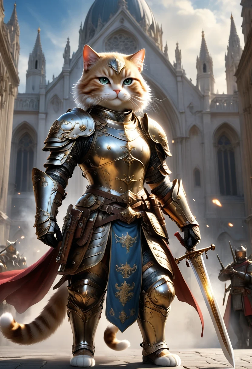 (Extremely detailed and realistic CG, masterpiece, best quality, Super detailed),(Anthropomorphic Cat:1.5),A cat knight in armor,Holding the holy sword,wearing a helmet,slim,holy sword,middle Ages,Creative character design, Whimsical cartoon style, 32k Ultra HD,steampunk, St. Paul's Metropolitan Cathedral, (best lighting, best shadow, extremely delicate and beautiful), Dynamic angle, movie atmosphere, Gorgeous metal holy sword,smokes, steam, period clothing, bright colors.
