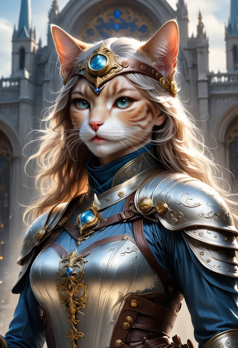 (Extremely detailed and realistic CG, masterpiece, best quality, Super detailed),(Anthropomorphic Cat:1.5),A cat knight in armor,Holding the holy sword,wearing a helmet,slim,holy sword,middle Ages,Creative character design, Whimsical cartoon style, 32k Ultra HD,steampunk, St. Paul's Metropolitan Cathedral, (best lighting, best shadow, extremely delicate and beautiful), Dynamic angle, movie atmosphere, Gorgeous metal holy sword,smokes, steam, period clothing, bright colors.