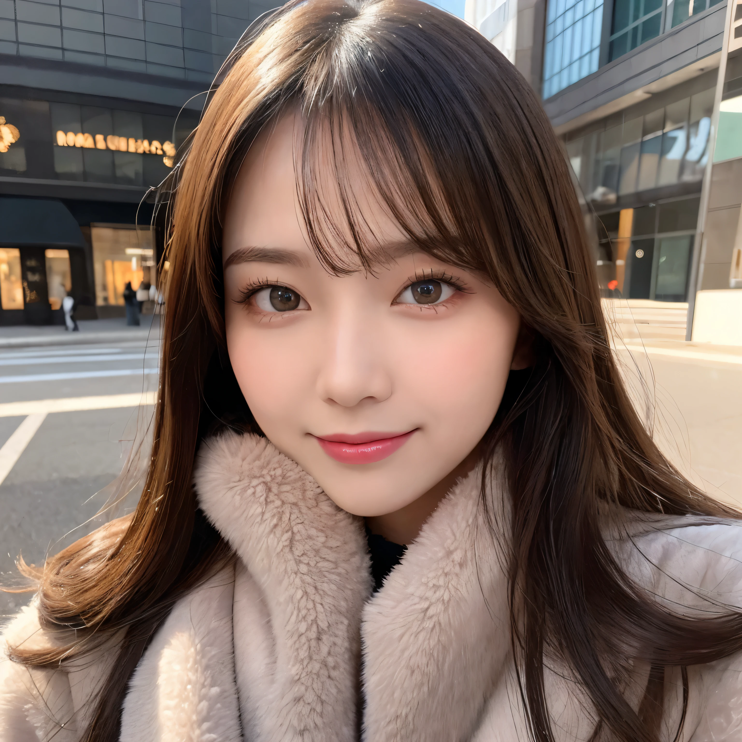 table top, highest quality, shape, Super detailed, finely, High resolution, 8k wallpaper, perfect dynamic composition shape, beautiful and detailed eyes, Gorgeous black fluffy Tokyo winter clothes,random cute hair,,natural color lip, bold sexy pose,smile、20 year old girl、cute、sexy shot looking at camera,Always blur the background,perfect and beautiful face,Take only the face,beautiful and detailed face、slim face and style,Big eyes、do gal makeup,small face,Wearing a luxury brand mink coat
