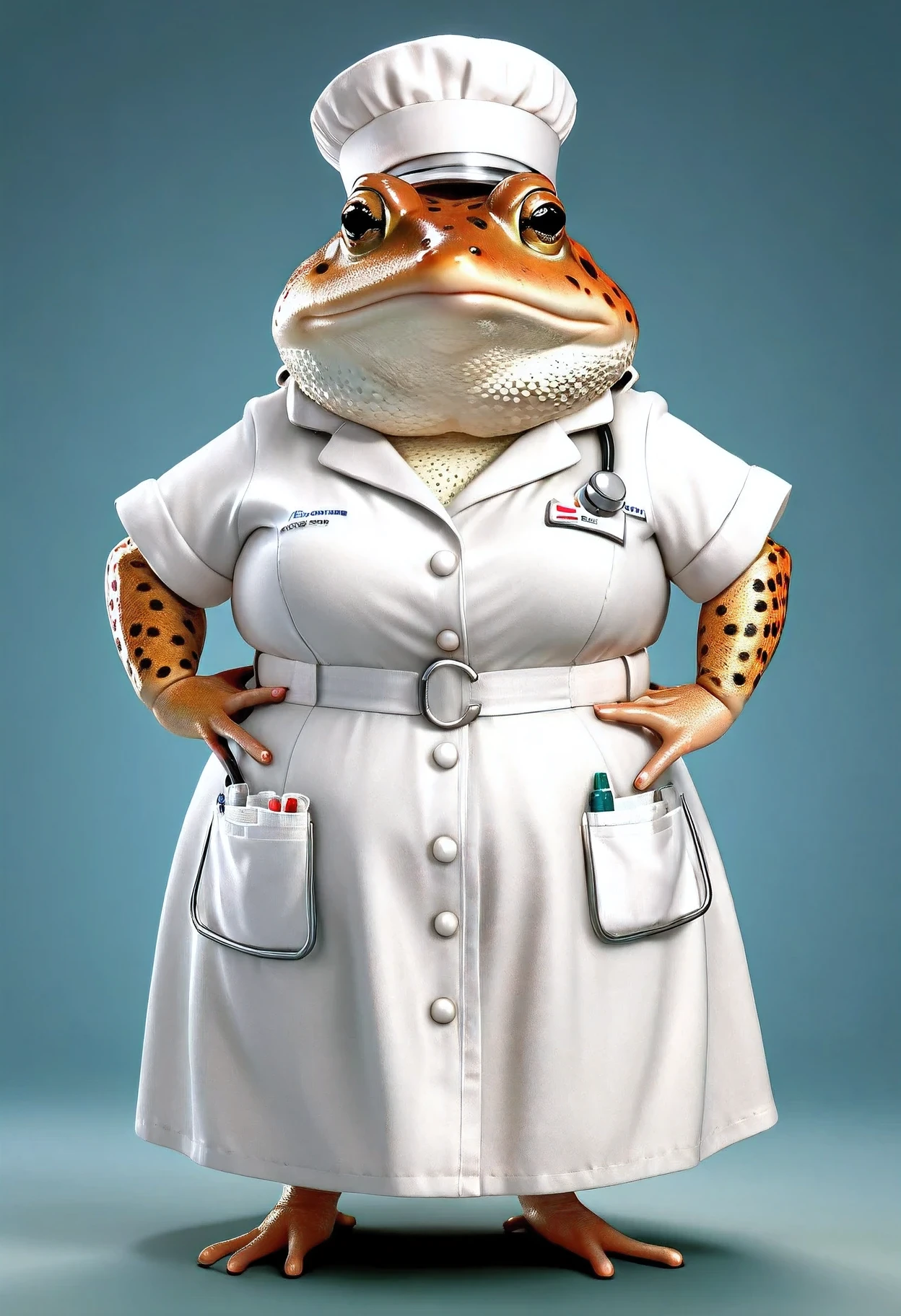 photorealistic portrait of Dressed animals - a ((fat)) toad nurse,(hands on hips:1.2),(), high quality,(lovely) ,intricate details, highly detailed ((white nurse costume)), wearing nurse cap and skirt , highly detailed medical equipment , (happy), studio lighting,(),(simple background)