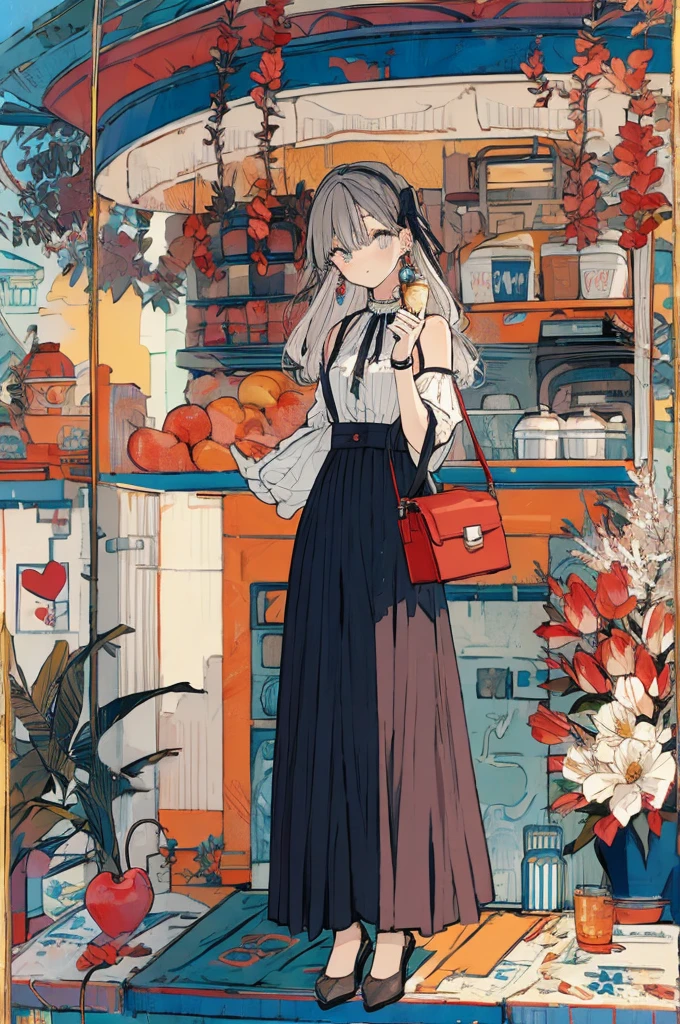 (masterpiece:1.2), highest quality,pixiv,sweet girl , 1 girl, flower, cup, have, bob hair, gray hair, bag, high heels, food, jewelry, earrings, looking at the viewer, smile, holding, long hair, inner color、alone, fruits, pants style， flower柄のshirt、handbag, gray eyes, Colorful shoes, bird, yellow flower, envelope, english text, full body, white flower, shirt,Are standing, cherry blossoms、colorful background、(masterpiece:1.2), highest quality,pixiv,sweet girlのポートレート, 1 girl, teddy bear, うさぎのstuffed toy, stuffed toy, alone, holding, have, holding stuffed toy, heart, bow, hair ornaments, sign, earrings, jewelry, Upper body, striped, Black headband, looking at the viewer, have bow, closed mouth, bangs, bare shoulders, hair between eyes, box,, brand hair, striped bow, gift, blue eyes, garden background, Alice, chocolate, ribbon, Braid, nail polish, shirt, wrist cuffs, gift 箱, black bow, Blue dress, white apron、two tone background, vertical stripes, hair ring, smile, long hair 、full body、whole body、