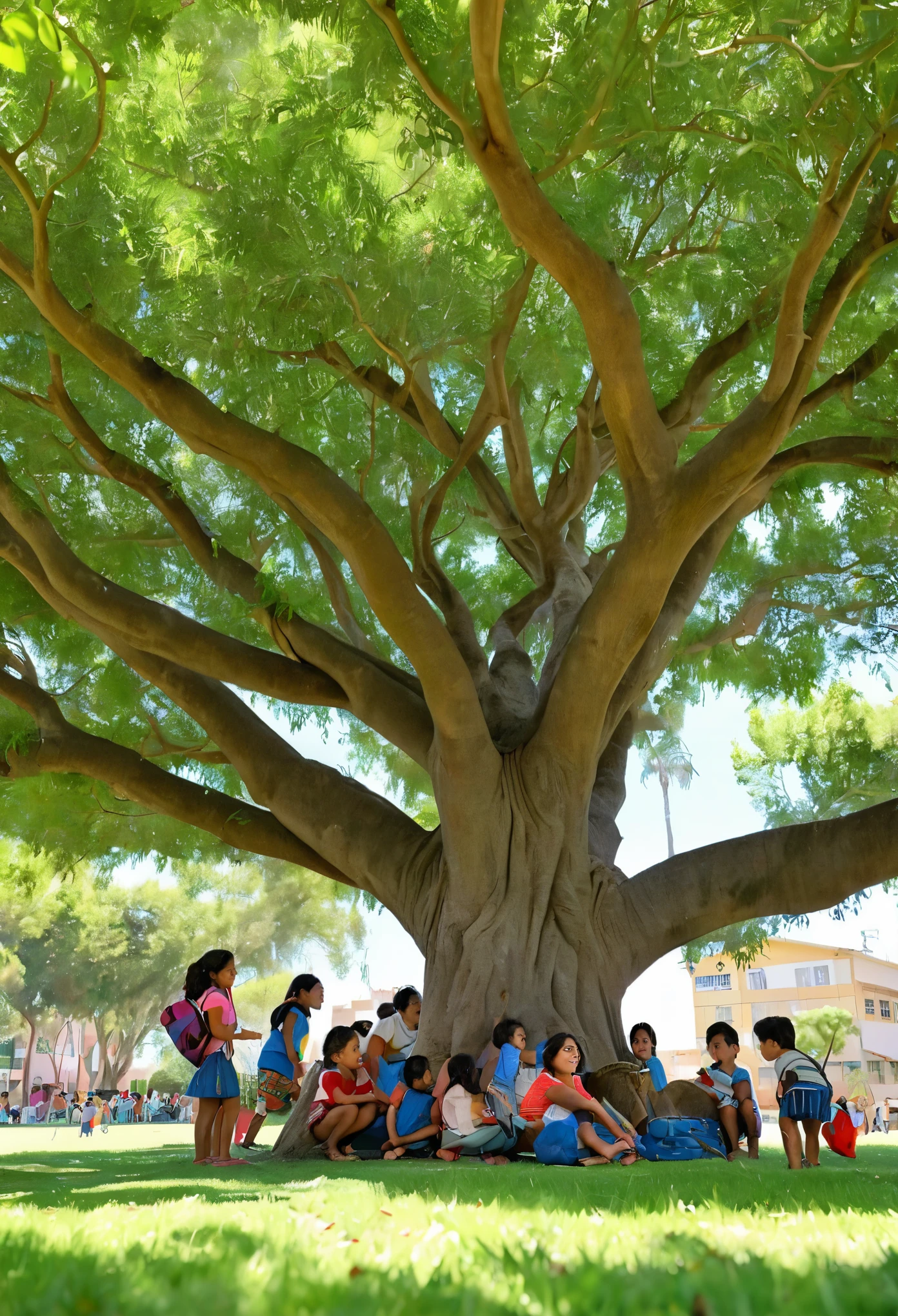 A large, leafy tree in the center, con ramas que se extienden hacia arriba y hacia los lados.
En las ramas, there are several boys and girls of different ages, jugando, leyendo, hablando y aprendiendo.
Under the tree, hay un grupo de personas adultas (docentes, padres, abuelos, etc.) watching the boys and girls.
Around the tree, there are different scenarios of educational practice: una escuela, un parque, una casa, una biblioteca, etc.