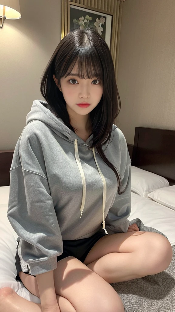 muste piece, best quality, illustration, Super detailed, fine details, High resolution, 8K,wall paper, perfect dynamic composition,(Details High quality, realistic depiction of eyes:1.3), (Oversized Light Gray Hoodie:1.2), Erotic Shorts, big breasts, short bob hair、black hair color, Big Natural Color Lip, bold sexy pose, (perfect body shape), crying a little、cold gaze, Harajuku style、20 year old girl、cute type、lolita、beautiful legs, hotel room, gravure idol
