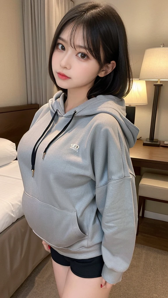 muste piece, best quality, illustration, Super detailed, fine details, High resolution, 8K,wall paper, perfect dynamic composition,(Details High quality, realistic depiction of eyes:1.3), (Oversized Light Gray Hoodie:1.2), Erotic Shorts, big breasts, short bob hair、black hair color, Big Natural Color Lip, bold sexy pose, (perfect body shape), crying a little、cold gaze, Harajuku style、20 year old girl、cute type、lolita、beautiful legs, hotel room, gravure idol