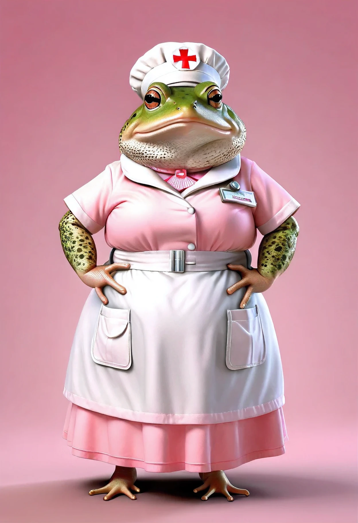 photorealistic portrait of Dressed animals - a ((fat)) toad nurse,(hands on hips:1.2),(), high quality,(lovely) ,intricate details, highly detailed ((light pink nurse costume)), wearing nurse cap and skirt , highly detailed medical equipment , (happy), studio lighting,(),(simple background)