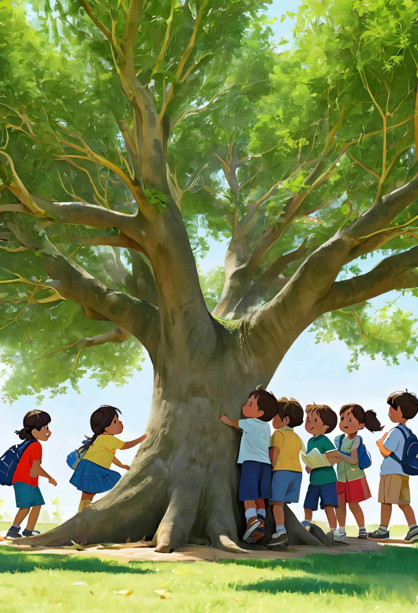 A large, leafy tree in the center, con ramas que se extienden hacia arriba y hacia los lados.
En las ramas, there are several boys and girls of different ages, jugando, leyendo, hablando y aprendiendo.
Under the tree, hay un grupo de personas adultas (docentes, padres, abuelos, etc.) watching the boys and girls.
Around the tree, there are different scenarios of educational practice: una escuela, un parque, una casa, una biblioteca, etc.