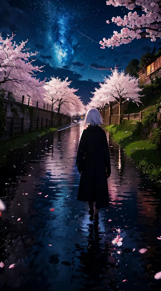 1people々々々々々々々々,white haired woman,long coat,silhouette, Rear view,space sky, milky way, anime style, cherry blossoms,夜cherry blossoms,辺り一面に舞うcherry blossoms吹雪,Night view of the city from the mountainside,