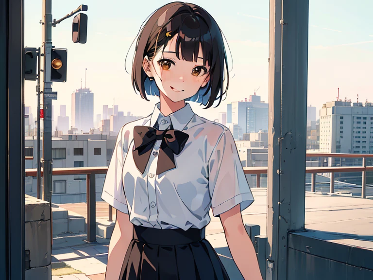 ((((Happy face)))),(((Long shot, taken from the front, 1 girl, white , black skirt, short bob, brown hair, golden eyes, 14 years old, short height, city girl))), ((On the way home from school)), ((Uniform)), (Masterpiece), (High resolution), (Top quality), (Super delicate), ((Line drawing manga style)), Wallpaper, Manga style illustration, Painting style, heartwarming synopsis, ((youth)), (student), (unique atmosphere), unique world view, unique atmosphere, youth town, (masterpiece), (high resolution), (highest quality), (super delicate), line drawing manga style, comic style illustration, how to draw, warm outline color, (clear), (obvious)