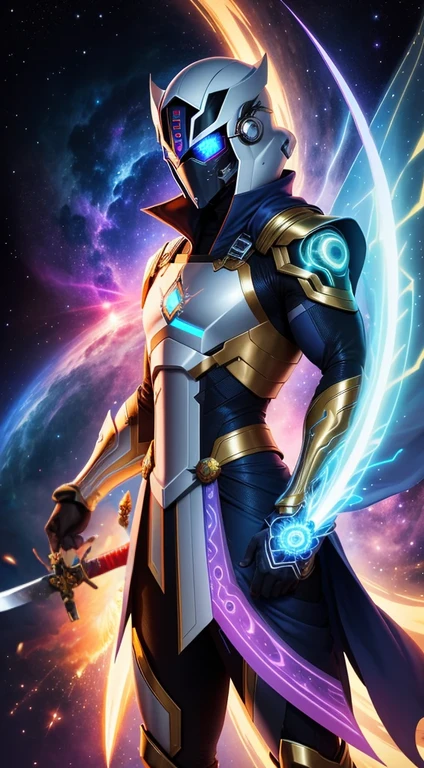 Segurando uma katana de energia azul