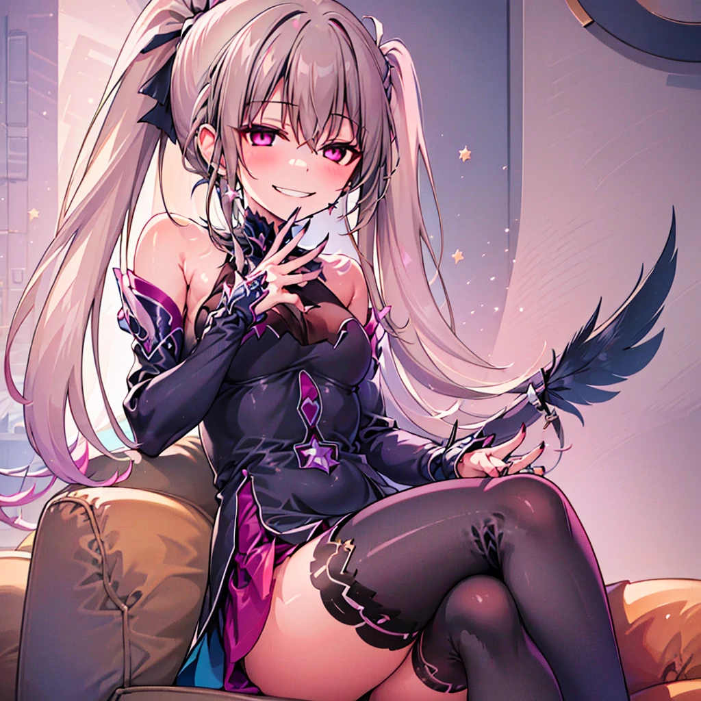 (masterpiece, best quality:1.2), 1 girl, alone,a ponytail,Star hairpins and black feather hairpin,nail art,evil smile