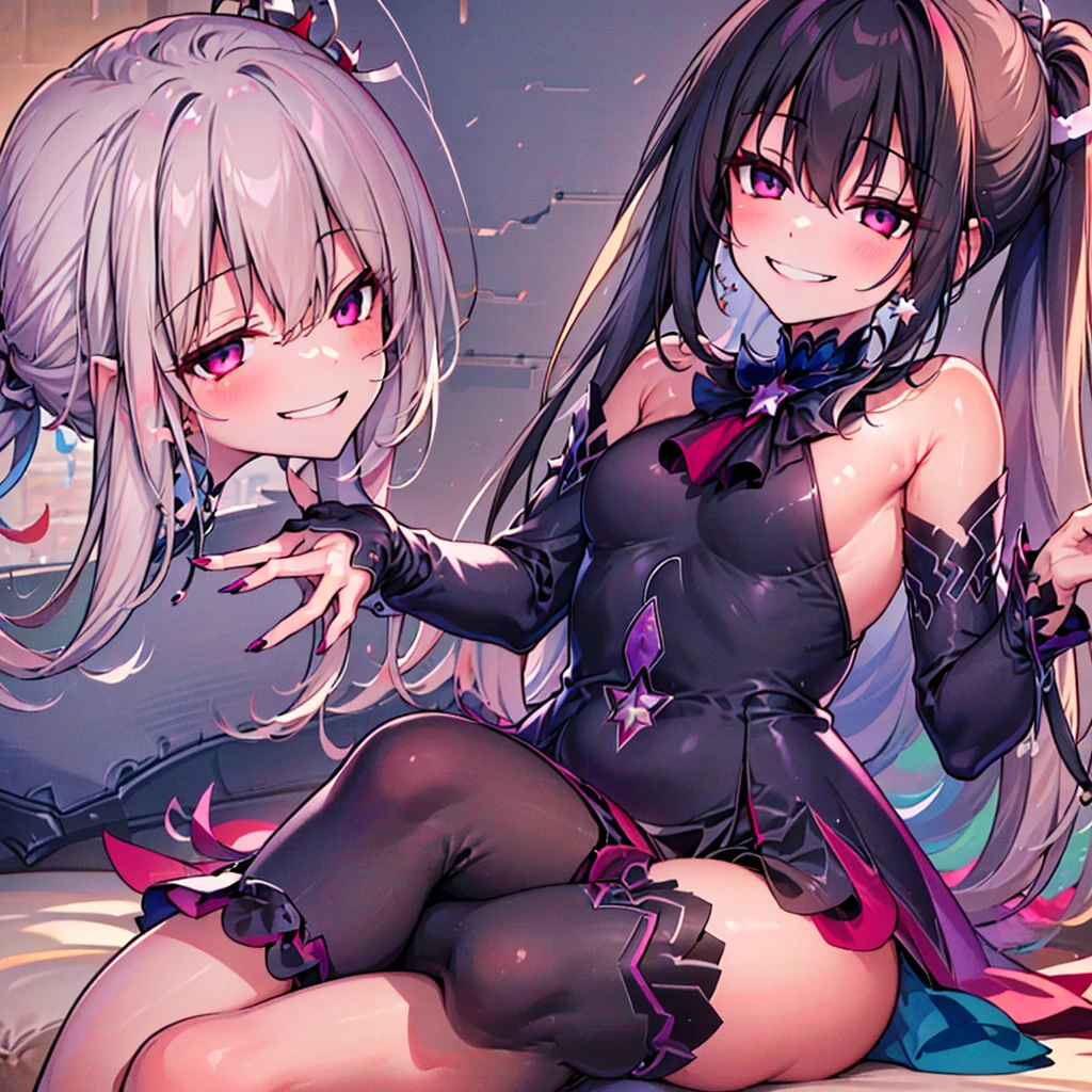 (masterpiece, best quality:1.2), 1 girl, alone,a ponytail,Star hairpins and black feather hairpin,nail art,evil smile