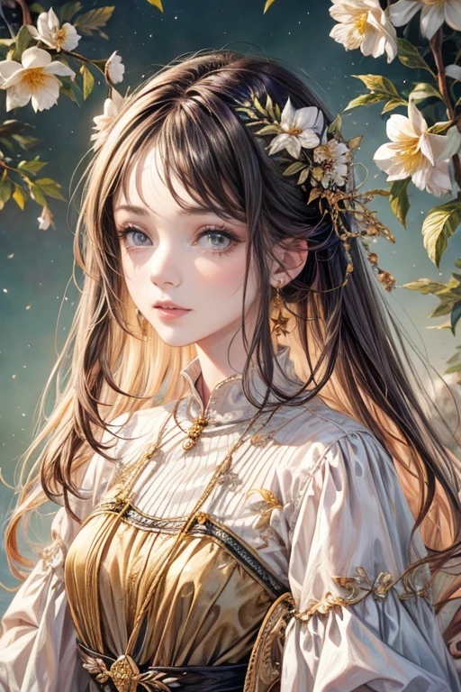 (highest quality,8K,cg),Upper body details,lonely girl,flower forest background,complex facial features,elegant long curly hair,large almond shaped eyes,detailed eye makeup,long eyelashes,twinkling stars,delicate lip detail,soft and harmonious style.