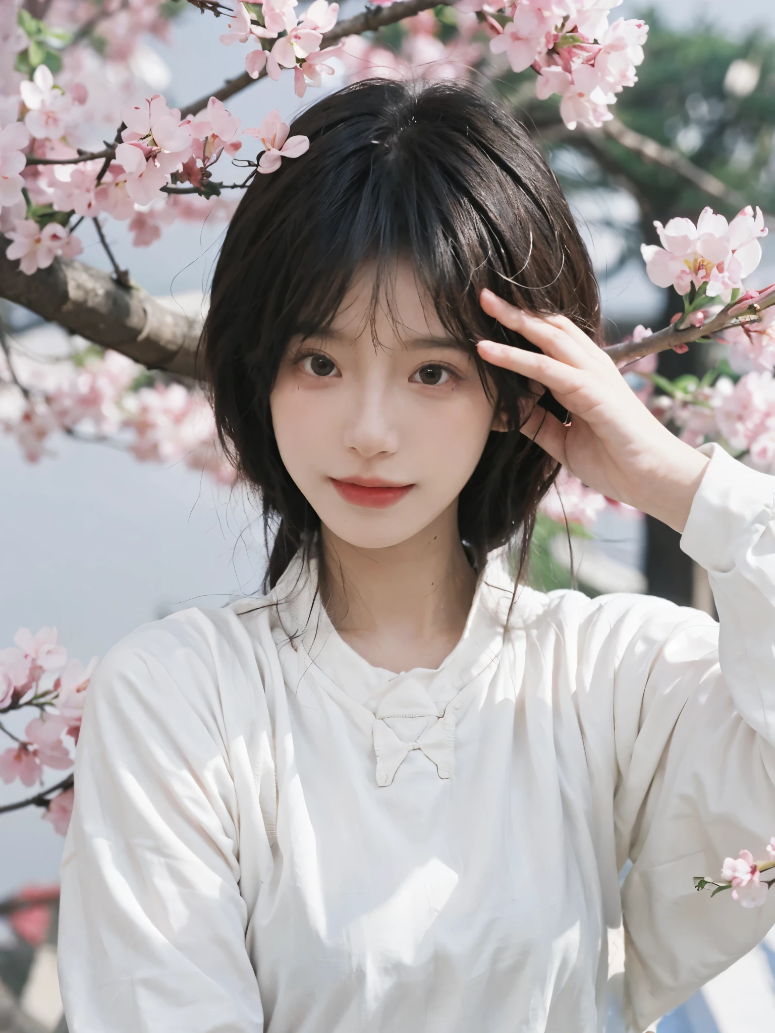 best quality, ultra high resolution, White background,(realistically:1.4), 2 girls, white cheongsam,twin? Sakura Rain,Under the cherry blossom tree,A pair of eyes as clear as snow,Royal sister,looking at the audience, close up ,