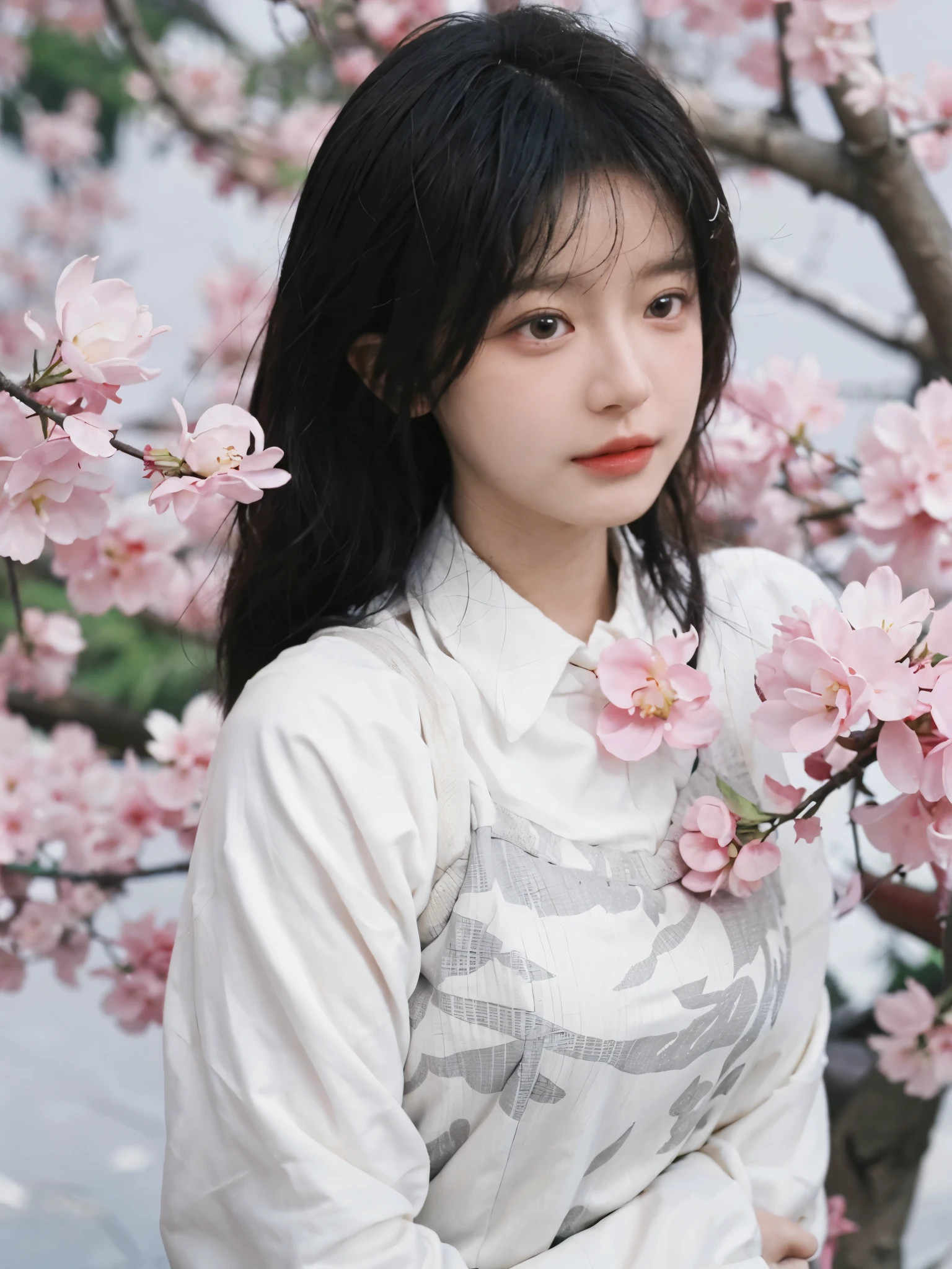 best quality, ultra high resolution, White background,(realistically:1.4), 2 girls, white cheongsam,twin? Sakura Rain,Under the cherry blossom tree,A pair of eyes as clear as snow,Royal sister,looking at the audience, close up ,