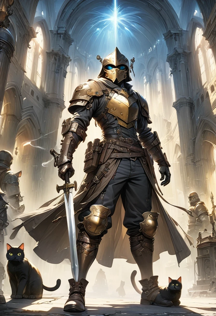 (Extremely detailed and realistic CG, masterpiece, best quality, Super detailed),(Anthropomorphic Cat:1.5),A cat knight in armor,Holding the holy sword,wearing a helmet,slim,holy sword,middle Ages,Creative character design, Whimsical cartoon style, 32k Ultra HD,steampunk, St. Paul's Metropolitan Cathedral, (best lighting, best shadow, extremely delicate and beautiful), Dynamic angle, movie atmosphere, Gorgeous metal holy sword,smokes, steam, period clothing, bright colors.