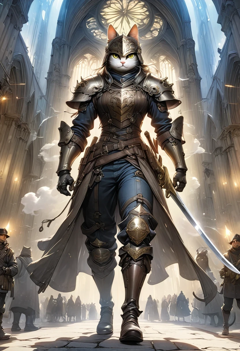 (Extremely detailed and realistic CG, masterpiece, best quality, Super detailed),(Anthropomorphic Cat:1.5)，A cat knight in armor，Holding the holy sword，wearing a helmet，slim，holy sword，middle Ages，Creative character design, Whimsical cartoon style, 32k Ultra HD，steampunk, St. Paul's Metropolitan Cathedral, (best lighting, best shadow, extremely delicate and beautiful), Dynamic angle, movie atmosphere, Gorgeous metal holy sword,smokes, steam, period clothing, bright colors.