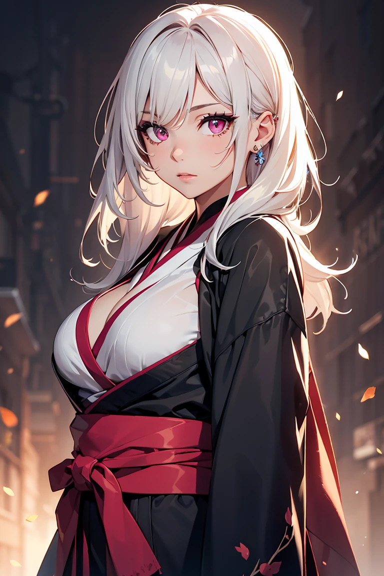((1 girl)), Kunoichi, ninja, kimono, have a sword, Rough poses, I feel sleepy, masked, droopy eyes, latest modern fashion, floral costume, fluffy, warm, big breasts, squat, cowboy shot,((Super detailed,highest quality, High resolution, lethargy, 8k wallpaper, beautiful clothes,)),((pure white hair)), long hair,messy hair, eye shadow, eyeliner,Glow eye, highly detailed eyes, beautiful eyes, (shining pink eyes),22 year old girl,five fingers,