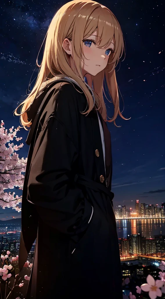 1people々々々々々々々々,blonde long hair,long coat,silhouette, Rear view,space sky, milky way, anime style, cherry blossoms,夜cherry blossoms,辺り一面に舞うcherry blossoms吹雪,Night view of the city from the mountainside,