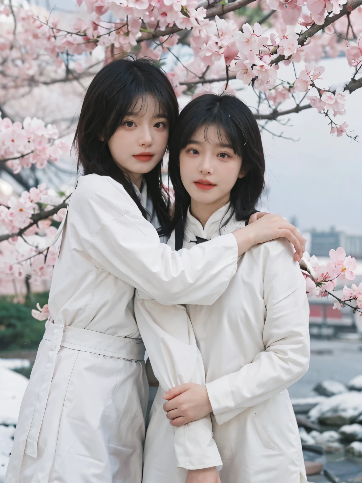 best quality， ultra high resolution， White background，（realistically：1.4）， 2 girls， white cheongsam，twin? Sakura Rain，Under the cherry blossom tree，A pair of eyes as clear as snow,Royal sister，looking at the audience， close up ，