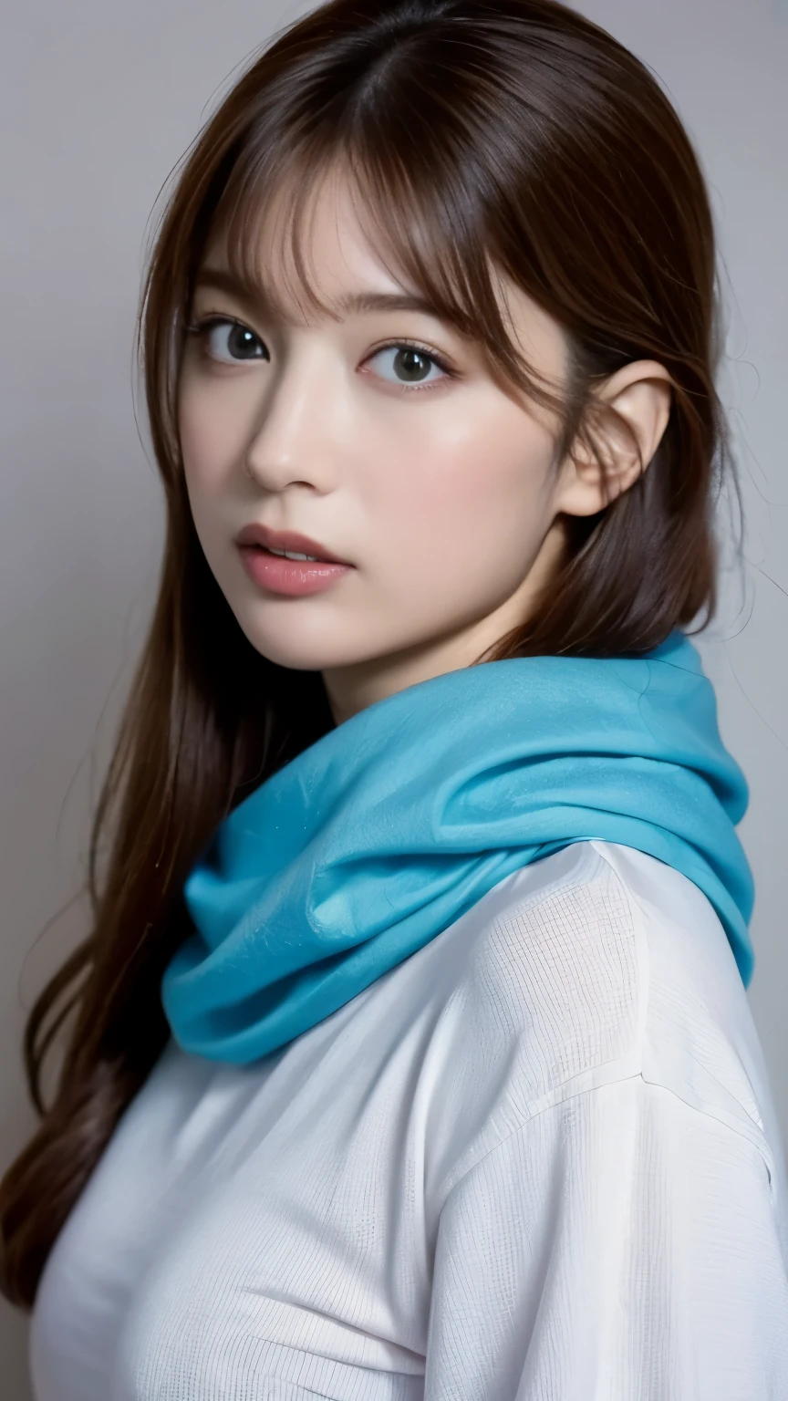 highest quality, (wide shot), 8K, Super realistic, masterpiece, Dark Elf , gray hair, blue eyes, white clothes, black scarf, look up, Upper body, bunch of hair, black skin, Straight and loose hair,Half American and half Japan