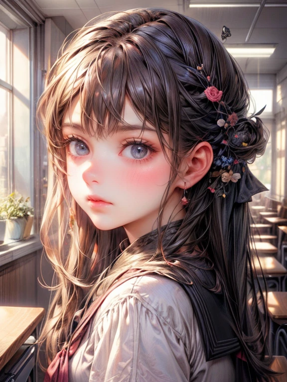 An ultra-detailed, photorealistic masterpiece showcasing a school girl in a classic school sailor uniform. The girl has beautiful detailed eyes, delicate features, and long eyelashes that enhance her appearance. She is wearing a black thigh-high stocking that adds a touch of elegance to her outfit. The classroom setting features desks, chairs, and a chalkboard in the background, creating a realistic school environment.

The lighting is natural and soft, creating a warm and inviting atmosphere. The colors are vibrant and vivid, adding life to the scene. The girl is lying back on a desk, with her legs spread slightly, exuding a relaxed and confident vibe. The focus is sharp, capturing every intricate detail of her expression and pose.

The artwork is created using a mix of traditional and digital mediums, combining the authenticity of a classic illustration with the precision of digital rendering. The final image has a high resolution of 4k or 8k, ensuring the finest quality and clarity.

The overall aesthetic of the artwork is influenced by a blend of portrait and concept artist styles. The attention to detail and realism in the depiction of the girl's features and the surrounding environment is a testament to the artist's skill and dedication.

