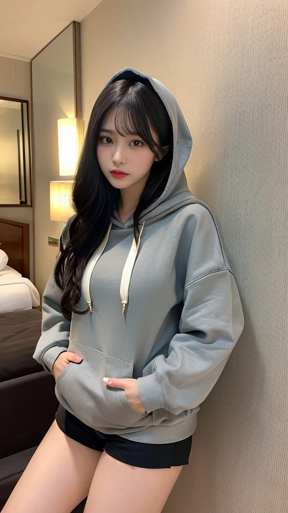 muste piece, best quality, illustration, Super detailed, fine details, High resolution, 8K,wall paper, perfect dynamic composition,(Details High quality, realistic depiction of eyes:1.3), (Oversized Light Gray Hoodie:1.2), Erotic Shorts, big breasts, short bob hair、black hair color, Big Natural Color Lip, bold sexy pose, (perfect body shape), crying a little、cold gaze, Harajuku style、20 year old girl、cute type、lolita、beautiful legs, hotel room, gravure idol
