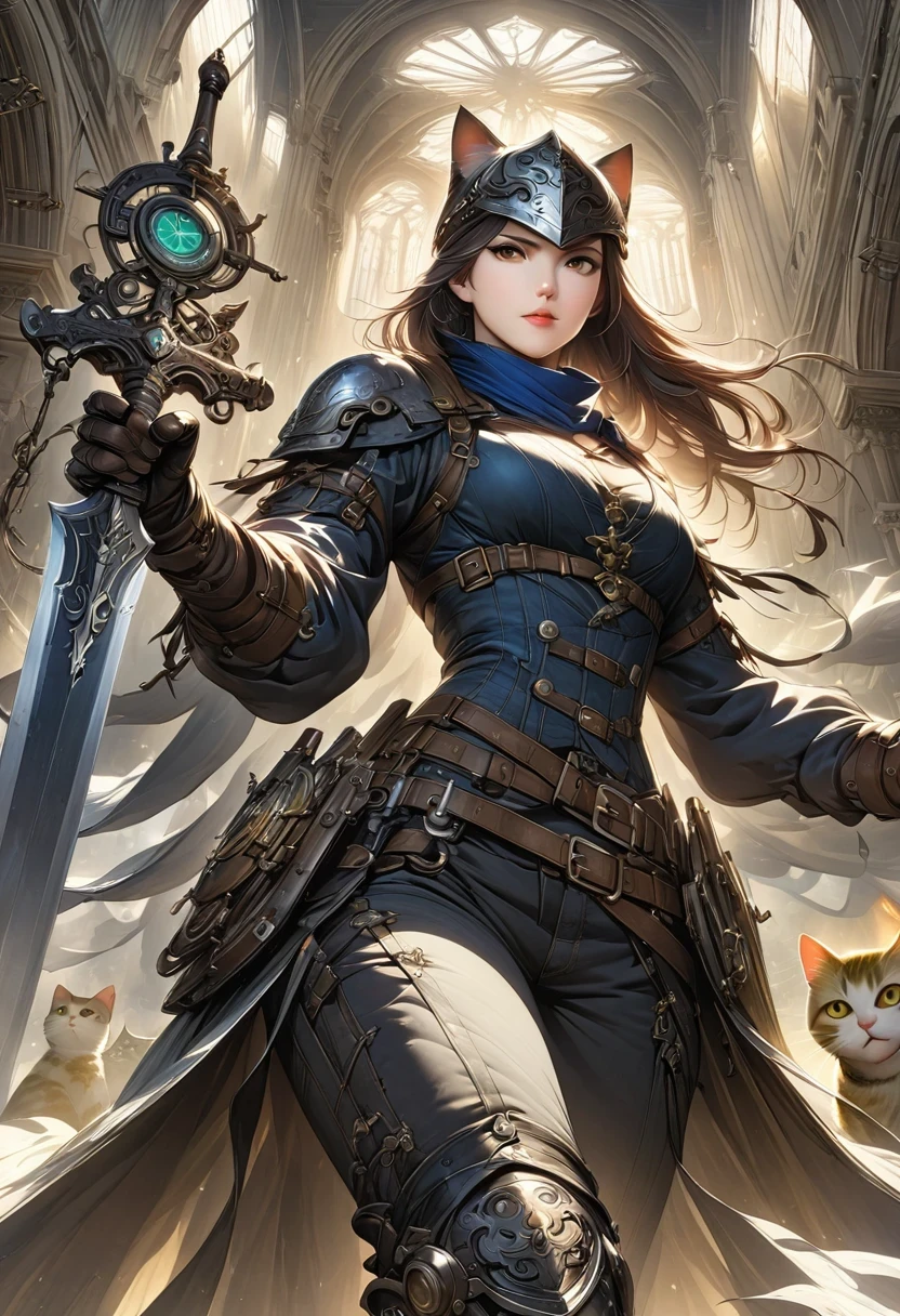 (Extremely detailed and realistic CG, masterpiece, best quality, Super detailed),(Anthropomorphic Cat:1.5)，A cat knight in armor，Holding the holy sword，wearing a helmet，slim，holy sword，middle Ages，Creative character design, Whimsical cartoon style, 32k Ultra HD，steampunk, St. Paul's Metropolitan Cathedral, (best lighting, best shadow, extremely delicate and beautiful), Dynamic angle, movie atmosphere, Gorgeous metalwork, gear, clockwork, smokes, steam, period clothing, bright colors.