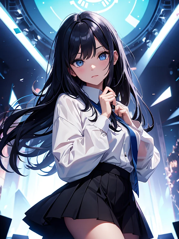 (best quality, masterpiece),(1 girl, windbreaker,Expressive face, blue eyes, looking at the audience, black hair, Keep your mouth shut, formal shirt, black skirt, Reach out to the audience), (Reduce blue light, There are many blue glass shards hovering behind you., floating objects, night sky)