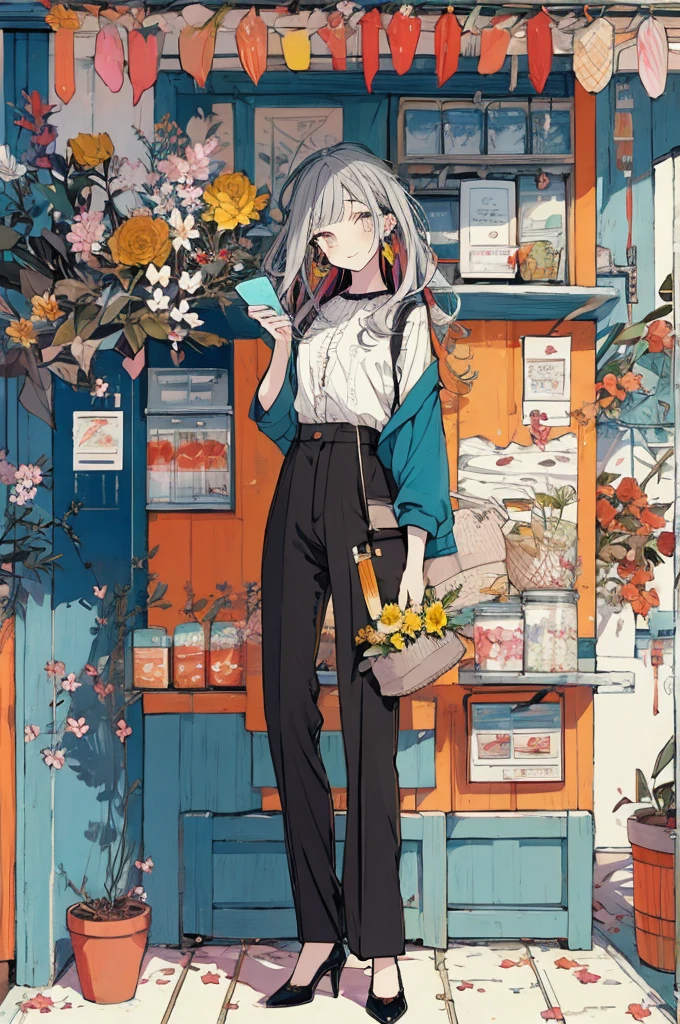 (masterpiece:1.2), highest quality,pixiv,sweet girl , 1 girl, flower, cup, have, bob hair, gray hair, bag, high heels, food, jewelry, earrings, looking at the viewer, smile, holding, long hair, inner color、alone, fruits, pants style， flower柄のshirt、handbag, gray eyes, Colorful shoes, bird, yellow flower, envelope, english text, full body, white flower, shirt,Are standing, cherry blossoms、colorful background、